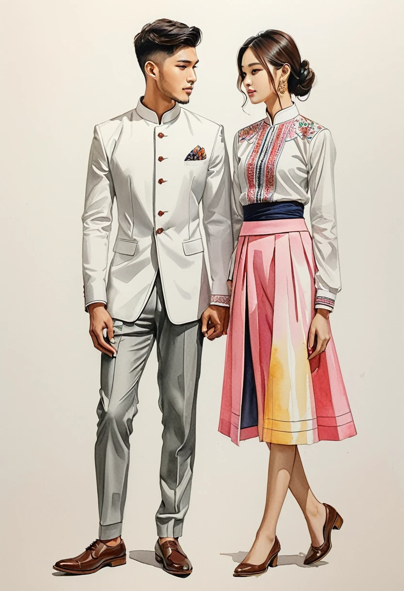 ilustración de moda sincera de dos hombres y mujeres jóvenes, 20-2, adornado con trajes tradicionales del norte de Tailandia meticulosamente elaborados, Tipo, ((muestra la moda estilo Lanna en algodón tejido a mano)), estilo sencillo y elegante, El hombre viste un sencillo traje blanco de manga larga con cuello mao., combinado con pantalones de sastre, y zapatos oxford, La mujer lo complementa con una mini falda tubular hecha de algodón hasta el tobillo, simples patrones rosados mínimos detalles, blusa ajustada hasta la cintura intrincadamente decorada que complementa la falda, estarse quieto, mirar al espectador, Capturado en imagen de cuerpo completo., ((fondo de color de agua imperfecto)), dibujando, dibujo realista, dibujo imperfecto en acuarela, libro de look de moda, ilustrador de moda, diseño de boceto,