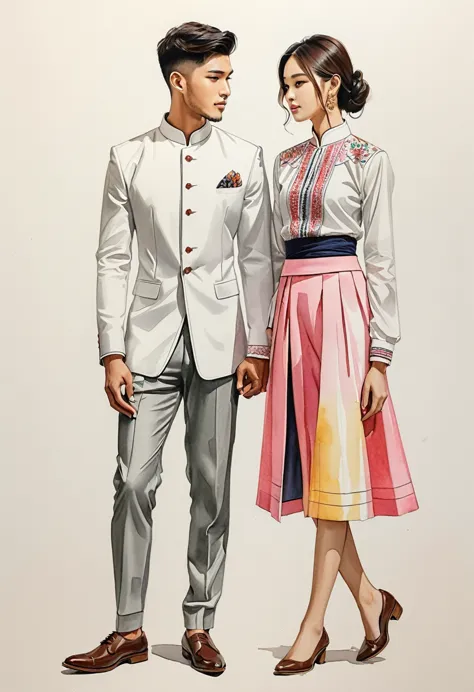 candid fashion illustration of two young man and women, 20-27 year old, adorned in a meticulously crafted North Thai traditional...