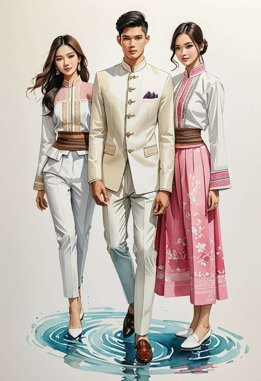 candid fashion illustration of two young man and women, 20-27 year old, adorned in a meticulously crafted North Thai traditional outfits, Lampang, ((showcase fashion Lanna style in cotton handwoven)), simple elegant style, The man wears a simple long-sleeved white mandarin collar suit, paired with Tailor pants, and oxford shoes, The woman complements him with mini tubular skirt made from a cotton ankle-length, simple minimal pink patterns details, fitted intricately decorated waist-length blouse that complements the skirt, stand still, look at the viewer, Captured in full-body image, ((imperfect water color background)), sketching, realistic drawing, imperfect water color drawing, fashion look book, fashion illustrator, sketch design,