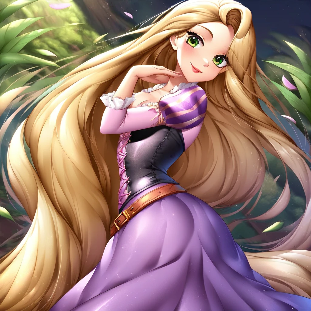 score_9, score_8_up, score_7_up, source_anime, RapunzelWaifu, Disney princess Rapunzel, 1girl, detailed suit, purple cape, purple and pink stripes corset, blonde hair string belt, blonde hair lasso, cute pose, purple suit, puffy sleeves, juliet sleeve, long skirt with cape behind, necktie, blonde, green eyes, anime style, looking at viewer, cute, detailed landscape, cowboy shot, 4k, masterpiece, anime illustration, anime colloring, Yana Toboso artstyle
 