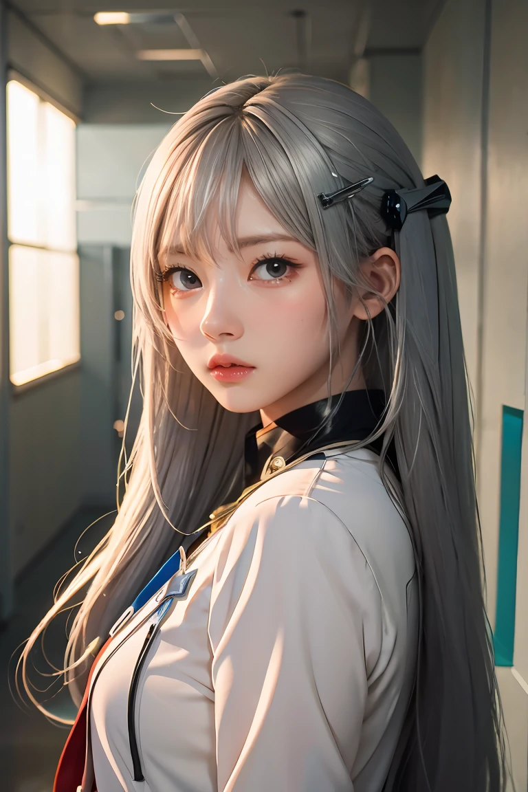 anime girl with long hair and white coat standing in a hallway, girls frontline style, from girls frontline, from arknights, portrait anime space cadet girl, cute anime girl, anime visual of a cute girl, silver hair girl, an anime girl, anime mecha aesthetic, anime aesthetic, beautiful anime portrait, portrait anime girl, pretty anime girl, beautiful anime girl