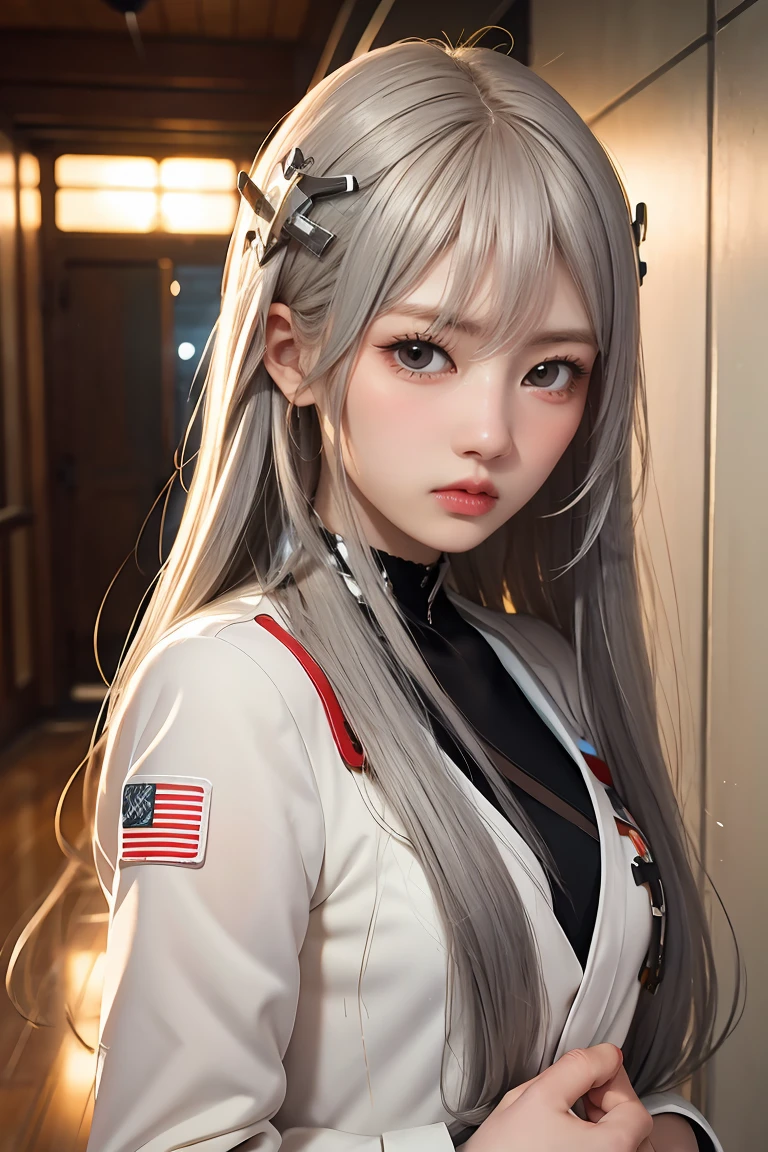 anime girl aux cheveux longs et manteau blanc debout dans un couloir, style de première ligne des filles, des filles de première ligne, Des chevaliers, portrait anime fille cadet de l&#39;espace, jolie fille animée, visuel animé d&#39;une jolie fille, Fille aux cheveux argentés, une fille d&#39;anime, esthétique mecha anime, esthétique animée, beau portrait animé, portrait, anime, fille, jolie fille animée, belle fille animée