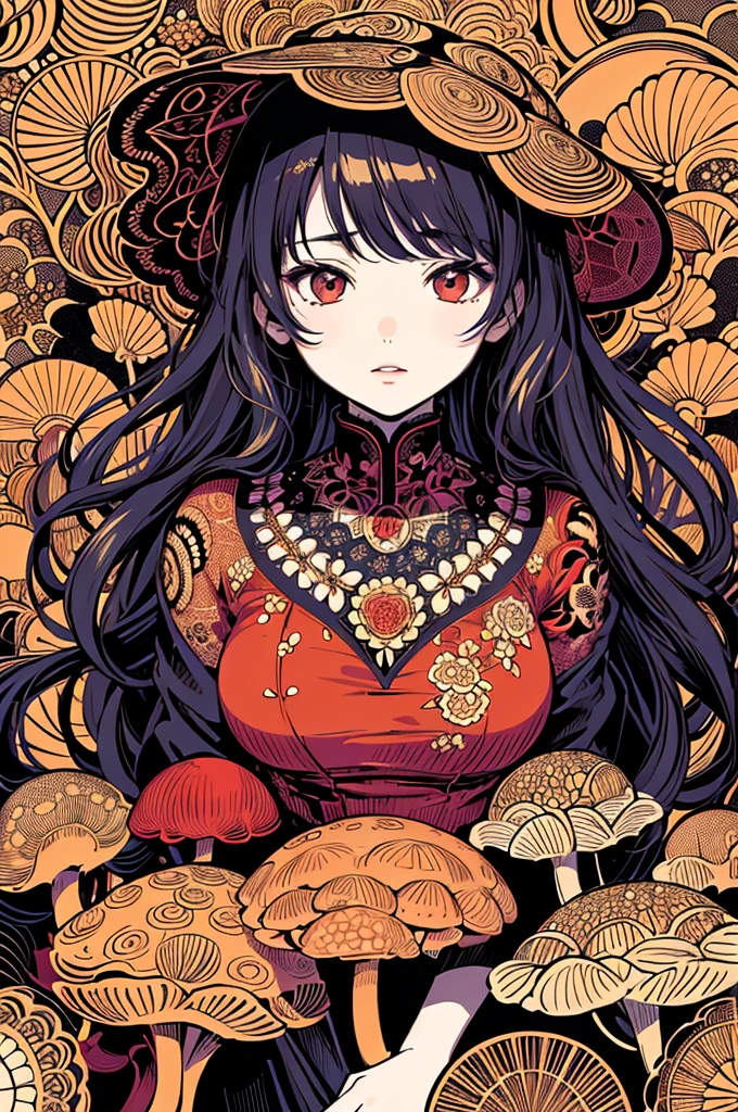 (masterpiece, top quality, best quality, official art, beautiful and aesthetic: 1.2), (1girl: 1.3), very detailed, (fractal art: 1.1), (color: 1.1) (flowers: 1.3), (by Yuko Higuchi:1.4), Higuchi Yuko,(by Yoh:1.2),(lineart),line drawing,pen drawing,zentangle,(tattoo pattern:1.2),(Intricate lines),(masterpiece),(best quality:1.1), (ultra-detailed),best illustration,finely detail,hand drawn high quality,High contrast,(clean lines:1.3),ligne claire,(Portrait),(extremely close-up:1.1),1 girl,solo,A girl is surrounded by red mushrooms,(Intricate details:1.3),(detailed background:1.2),(colored background:1.1),sketch,Intricate details,High Resolution