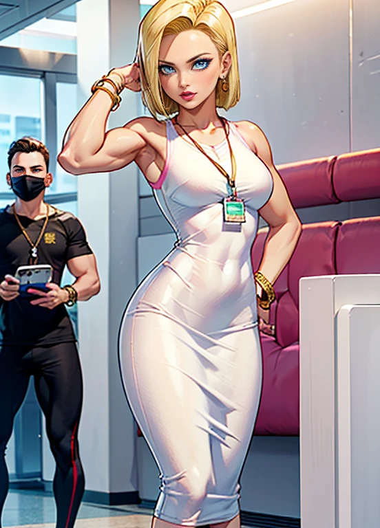 ((1girl, solo ,alone, (Android 18, 1girl, android 18, solo, blonde hair, short hair, blue eyes, earrings, jewelry), muscular female, gold bracelets, ruby earrings)), fitness, ((solo, (1woman, pink lipstick), Extremely detailed, ambient soft lighting, 4k, perfect eyes, a perfect face, perfect lighting, a 1girl)), ((fitness, , shapely body, athletic body, toned body)), ((white dress, bodycon dress, bracelets, lanyard))