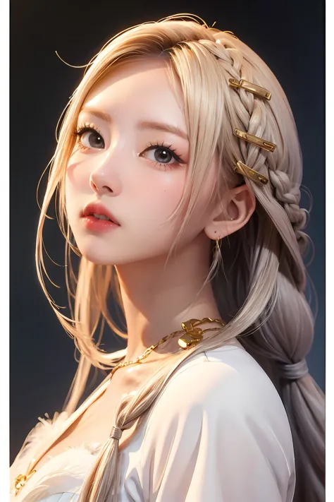 best quality, masterpiece,white hair, gold eyes,white clothes, looking up, upper body,hair strand,Fair skin,side braids, 1girl