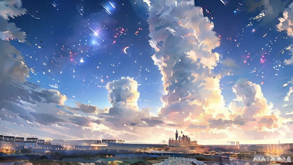 A broad scene，Top quality，Very refined，Depth of Field，Multi-Focus，A silver-haired girl sits on the roof of a building，Back，Back to the screen，Look into the distance，Distant cities，Bright lights。Sky horoscope half-width screen，Night scene with two meteors streaking across the sky