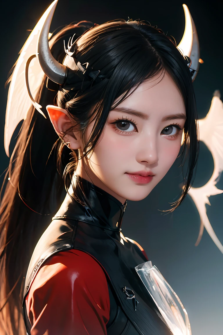 1girl, black hair, short ponytail, widow's peak, Angel Halo, demon horns, multicolored eyes, pointy ears, smile, young man, Conceptual art, Realism, chiaroscuro, anatomically correct, textured skin