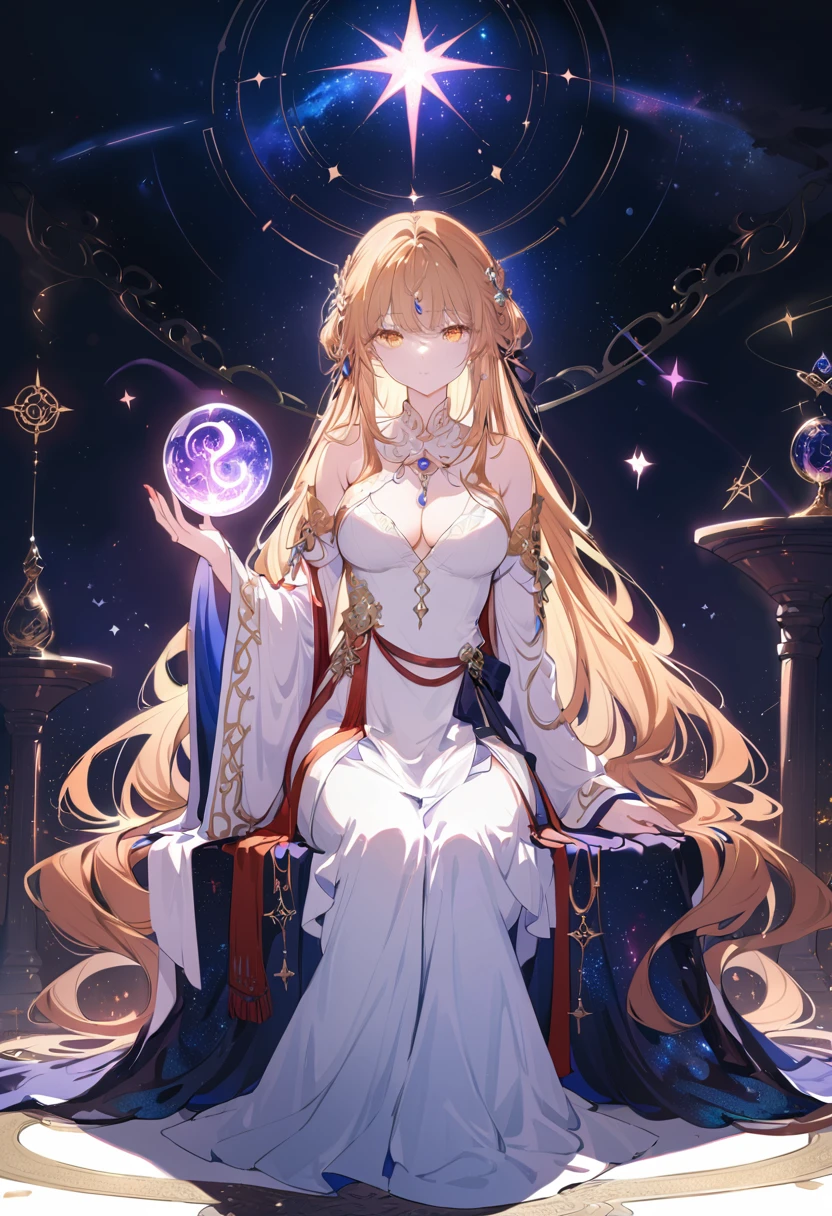 a beautiful female astrologer, intricate detailed dress, ornate jewelry, long flowing hair, ethereal expression, seated before a cosmic backdrop, glowing crystal ball, mystical symbols, occult artifacts, dramatic lighting, cinematic composition, fantasy, elegant, magical