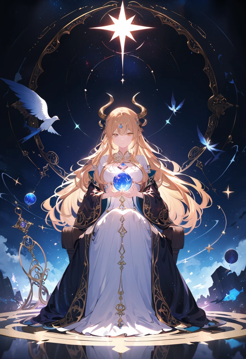 a beautiful female astrologer, intricate detailed dress, ornate jewelry, long flowing hair, ethereal expression, seated before a cosmic backdrop, glowing crystal ball, mystical symbols, occult artifacts, dramatic lighting, cinematic composition, fantasy, elegant, magical