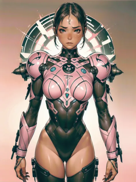(((Fighter girl))), ((best qualityer)), (((pink suit))), (((slim))), (Muscles), (((fit body armor suit))), ((Perfect masterpiece...
