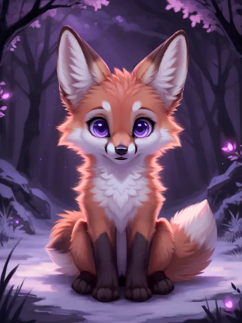 feral red fox, female, fox masterpeice, highest quality, cute, majestic, purple lighting, glowing