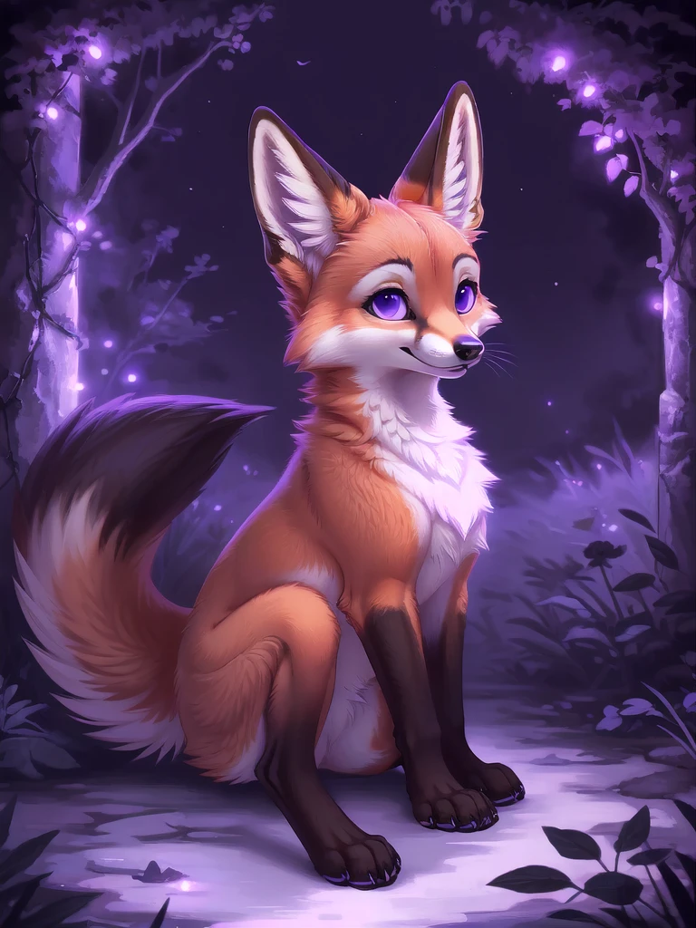 Feral red fox, female, Fox masterpeice, highest quality, cute, majestic, purple lighting, glowing