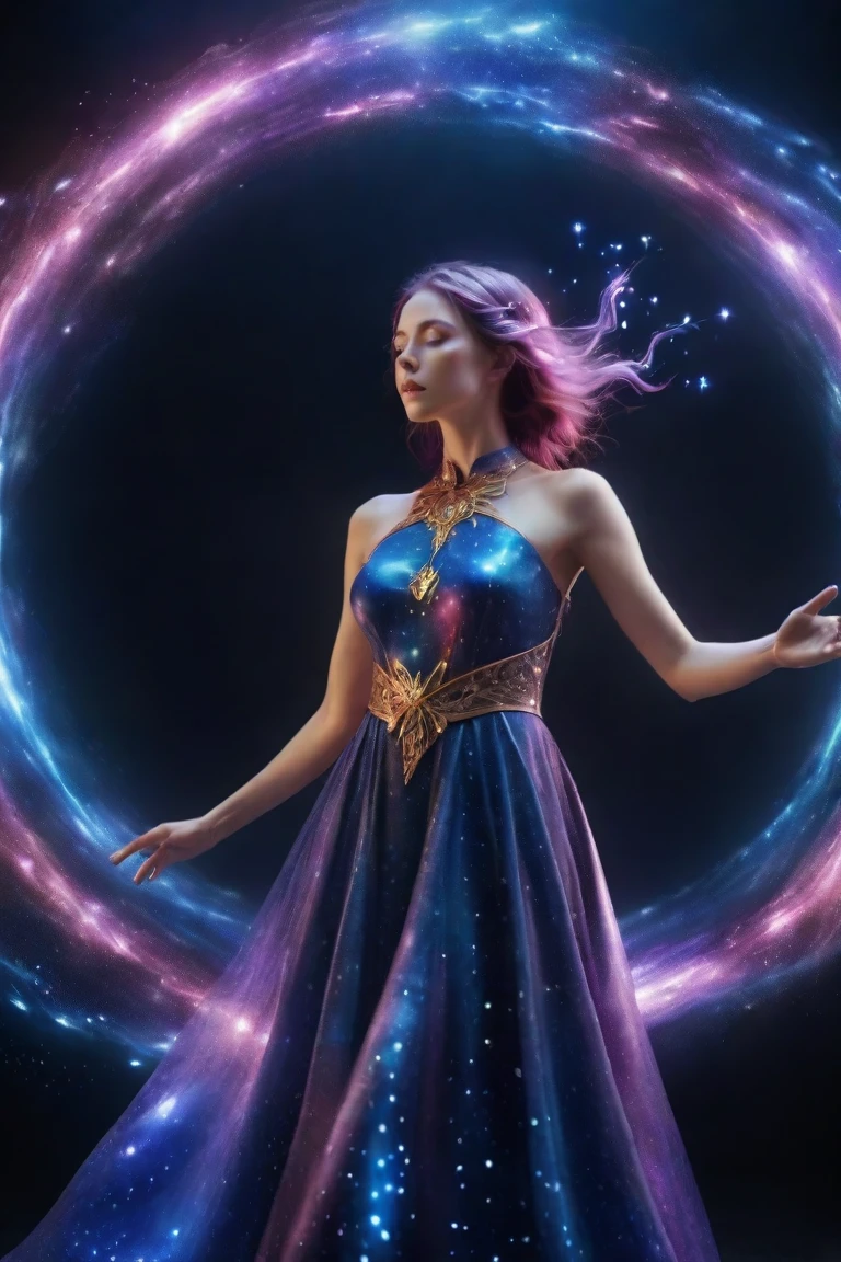 a beautiful astrologer in a starry cosmic void, dynamic cosmic energy beams and light particles, elegant occult ritual, gorgeous mystical costume, anatomically correct, photorealistic, 8k, dramatic lighting, vibrant colors, intricate details, cinematic composition