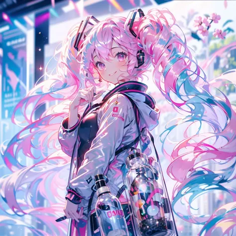 masterpiece、hatsune miku、pink hair、long hair、cherry blossom hair accessory、the wind is blowing、sparkling eyes、smile、have a plast...