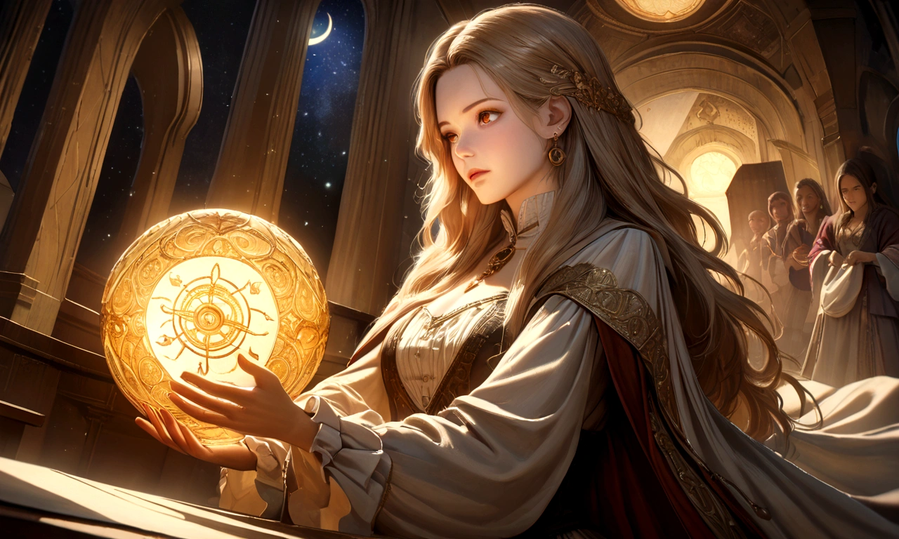 astrologer,female astrologer,woman astrologer,astrologer reading crystal ball,astrologer studying horoscope chart,astrologer with mystical powers,astrologer in flowing robes,astrologer in starry night sky,astrologer with magical aura,astrologer in renaissance era clothing,detailed face and eyes,expressive face,dramatic lighting,cinematic angle,chiaroscuro lighting,vibrant colors,ethereal atmosphere,detailed textures,intricate ornate details,rich ornate background,fantasy art style,digital painting,cinematic composition,photorealistic,highly detailed,8k,best quality,masterpiece