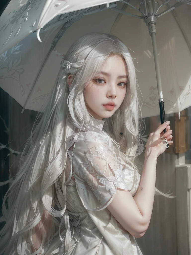 there is a woman with long white hair holding an umbrella, artwork in the style of guweiz, guweiz, with long white hair, with long white hair, beautiful character painting, flowing white hair, girl with white hair, guweiz and artstation pixiv, Guweiz Masterpiece, guweiz and pixiv artstation, hanfu blanco