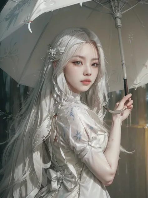 there is a woman with long white hair holding an umbrella, artwork in the style of guweiz, guweiz, with long white hair, with lo...