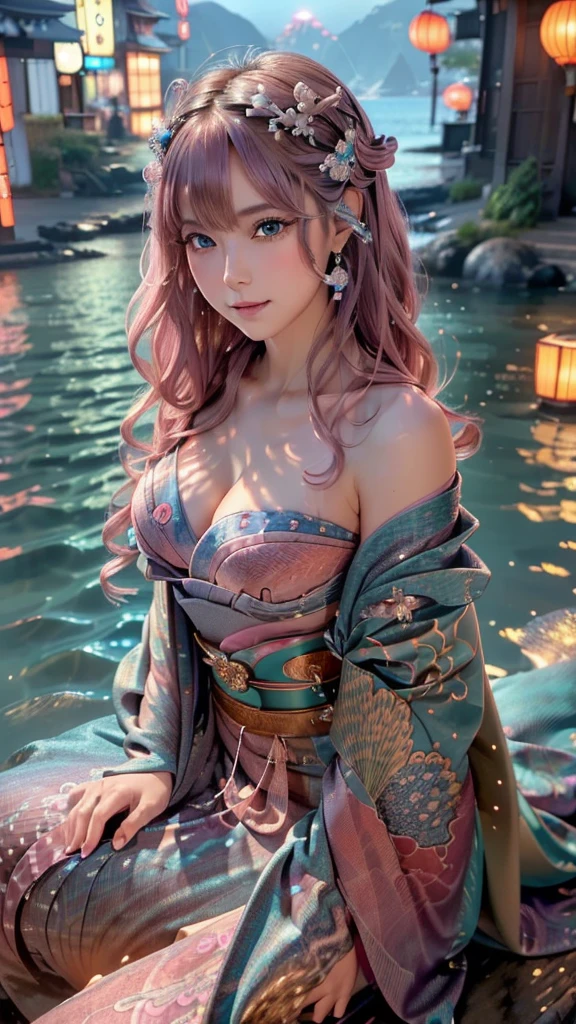 (super realistic photorealistic image:1.5), (cute and beautiful face, pink wavy hair, soft and light blue eyes that exude warmth and tenderness, tight body, covered with fish scales to emphasize her mermaid status, large and graceful fish tail in place of legs, which are also covered with scales and fused with cyberpunk electronics and tubes, elegantly dressed in a revealing kimono with traditional Japanese patterns:1.5) also covered with scales and fused with cyberpunk electronics and tubes, elegantly dressed in a revealing kimono with traditional Japanese patterns: 1.5), (she sits seductively on a rock by the sea: 1.5), and in the background, a distant neo Tokyo cityscape lit by neon lights, lighting, The colors and mood of the scene are powerful and cinematic, with the beautiful seaside scenery and the soft glow of the city lights creating a fantastic atmosphere, the design and details are ultra clear and detailed, emphasizing the mermaid-like appearance with prominent fish tail, shimmering skin scales and cyborg elements, the image is of the highest quality and ultra realistic Photographs of the highest quality