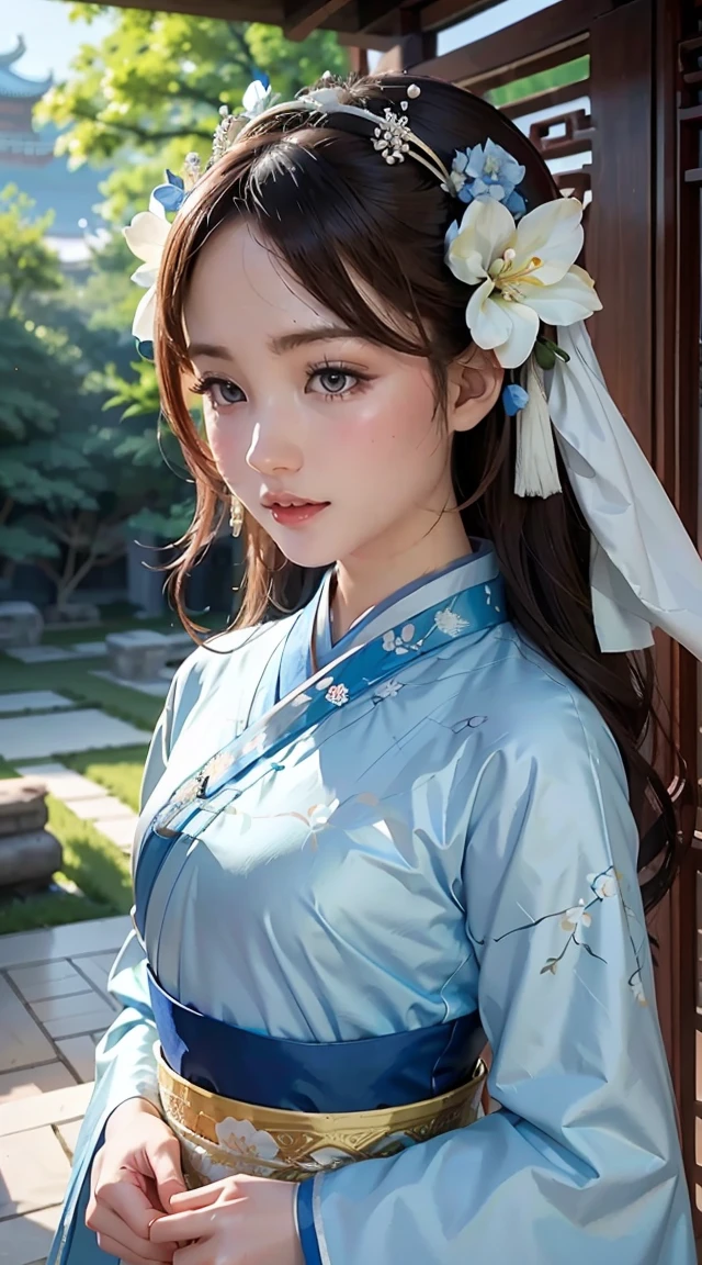 Une femme vêtue d&#39;une robe bleue et blanche avec des fleurs dans les cheveux, hanfu, palais, Fille à Hanfu, Hanfu bleu, hanfu blanc, portant un costume chinois ancien, ((Belle reine fantastique)), ancient princesse chinoise, style chinois, Vêtements traditionnels chinois, vêtements chinois anciens, Belle reine fantastique, princesse chinoise, beauté traditionnelle,