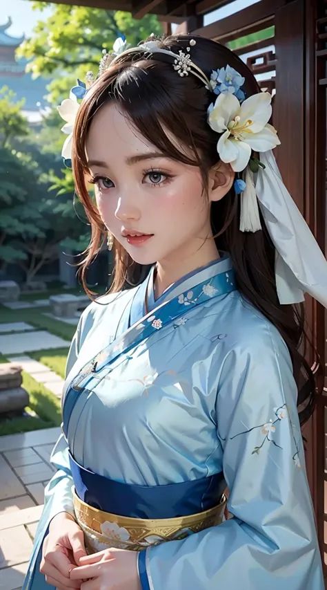 A woman in a blue and white dress with flowers in her hair, hanfu, palace, girl in hanfu, blue hanfu, white hanfu, wearing ancie...