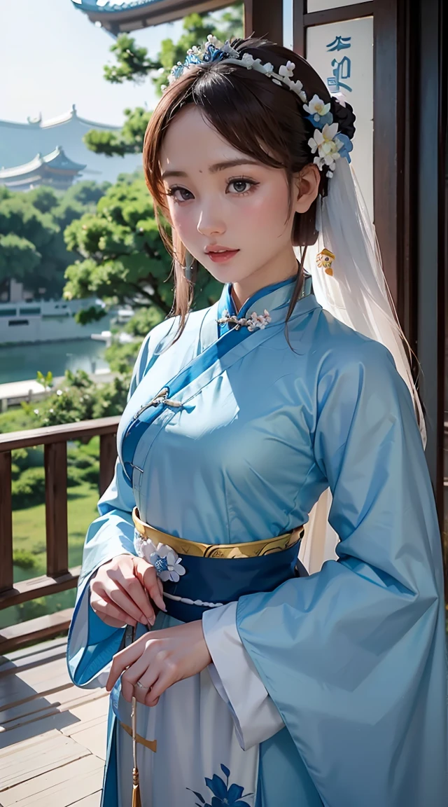 Una mujer con un vestido azul y blanco con flores en el pelo., hanfu, palacio, chica en hanfu, hanfu azul, hanfu blanco, vistiendo un traje chino antiguo, ((hermosa reina de la fantasía)), ancient princesa china, Estilo chino, ropa tradicional china, Ropa china antigua, hermosa reina de la fantasía, princesa china, belleza tradicional,