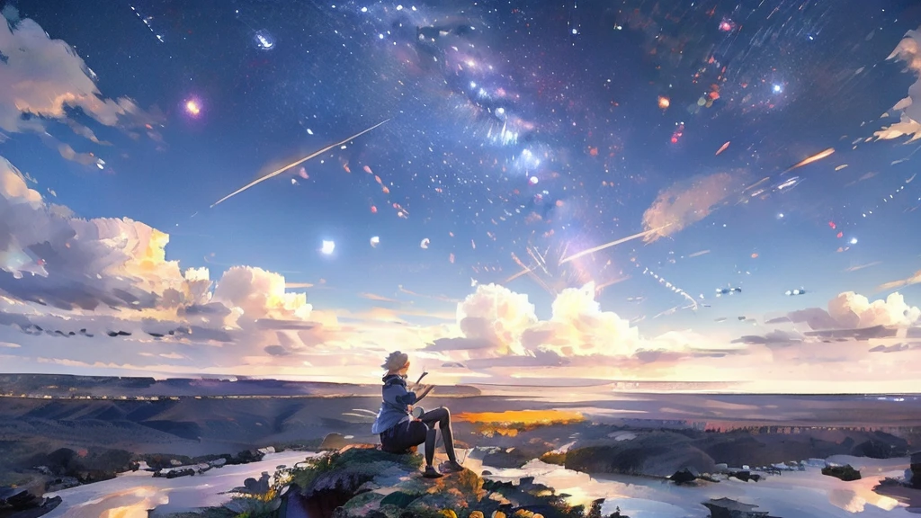 Skyline,night sky,Very wonderful rendering,Best Rendering,The finest details,Dream,wonderful,rich and colorful,8k resolution,Maximum resolution,universe,actor,landscape,landscapeArt,night,dark，City landscape below，Brightly lit，A silver-haired girl sits on the roof and looks into the distance，There are shooting stars in the sky，Highlight Meteor，Very dark