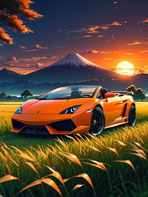 anime landscape of A pearl super orange pearl classic Lamborghini Gallardo sport sits in a field of tall grass with a sunset in ...