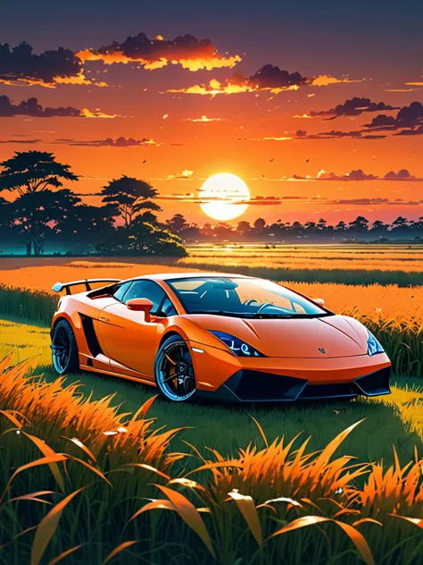 anime landscape of A pearl super orange pearl classic Lamborghini Gallardo sport sits in a field of tall grass with a sunset in ...