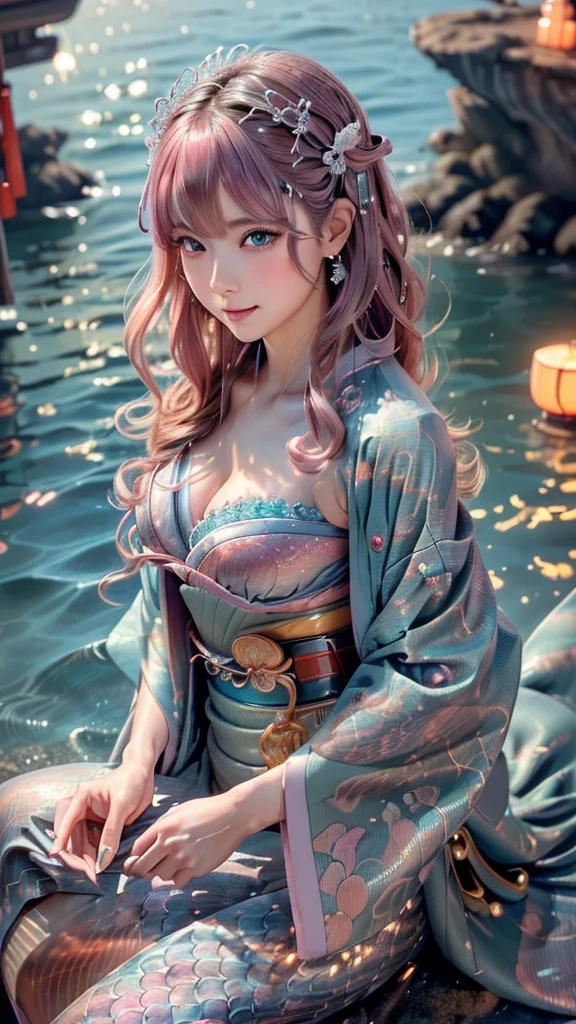 (super realistic photorealistic image:1.5), (cute and beautiful face, pink wavy hair, soft and light blue eyes that exude warmth and tenderness, tight body, covered with fish scales to emphasize her mermaid status, large and graceful fish tail in place of legs, which are also covered with scales and fused with cyberpunk electronics and tubes, elegantly dressed in a revealing kimono with traditional Japanese patterns:1.5) also covered with scales and fused with cyberpunk electronics and tubes:1.5), elegantly dressed in a revealing kimono decorated with traditional Japanese patterns (she sits seductively on a rock by the sea:1.5), and in the background a distant neo-Tokyo cityscape lit by neon lights, lighting, The colors and mood of the scene are powerful and cinematic, with the beautiful seaside scenery and the soft glow of the city lights creating a fantastic atmosphere, the design and details are ultra-clear and detailed, emphasizing the mermaid-like appearance with prominent fish tail, shimmering skin scales and cyborg elements, the image is top quality and ultra-realistic Photographs of the highest quality