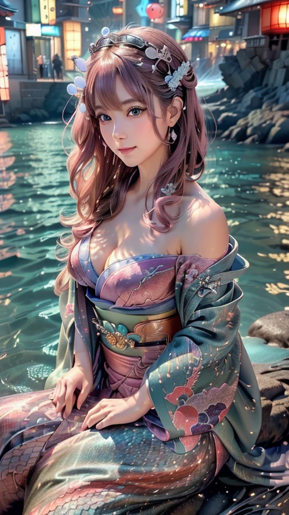 (super realistic photorealistic image:1.5), (cute and beautiful face, pink wavy hair, soft and light blue eyes that exude warmth and tenderness, tight body, covered with fish scales to emphasize her mermaid status, large and graceful fish tail in place of legs, which are also covered with scales and fused with cyberpunk electronics and tubes, elegantly dressed in a revealing kimono with traditional Japanese patterns:1.5) also covered with scales and fused with cyberpunk electronics and tubes:1.5), elegantly dressed in a revealing kimono decorated with traditional Japanese patterns (she sits seductively on a rock by the sea:1.5), and in the background a distant neo-Tokyo cityscape lit by neon lights, lighting, The colors and mood of the scene are powerful and cinematic, with the beautiful seaside scenery and the soft glow of the city lights creating a fantastic atmosphere, the design and details are ultra-clear and detailed, emphasizing the mermaid-like appearance with prominent fish tail, shimmering skin scales and cyborg elements, the image is top quality and ultra-realistic Photographs of the highest quality