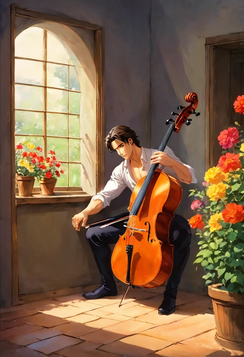 In anime Art Style, a latin sad man watches  from the window of his  dark room, to a young man manly, muscular, slender, strong, radiant, beautiful, athletic and harmonious body, you play the cello from whose strings come notes of various colors that disperse in the garden of flowers filling everything with light