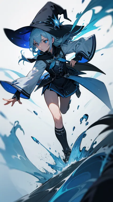 high resolution、The Witch Who Controls Ice。Dynamic battle scenes。Casting a Spell。Overall blue image