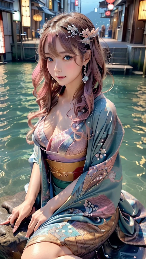 (super realistic photorealistic image:1.5), (cute and beautiful face, pink wavy hair, soft and light blue eyes that exude warmth and tenderness, tight body, covered with fish scales to emphasize her mermaid status, large and graceful fish tail in place of legs, which are also covered with scales and fused with cyberpunk electronics and tubes, elegantly dressed in a revealing kimono with traditional Japanese patterns:1.5) also covered with scales and fused with cyberpunk electronics and tubes:1.5), elegantly dressed in a revealing kimono decorated with traditional Japanese patterns (she sits seductively on a rock by the sea:1.5), and in the background a distant neo-Tokyo cityscape lit by neon lights, lighting, The colors and mood of the scene are powerful and cinematic, with the beautiful seaside scenery and the soft glow of the city lights creating a fantastic atmosphere, the design and details are ultra-clear and detailed, emphasizing the mermaid-like appearance with prominent fish tail, shimmering skin scales and cyborg elements, the image is top quality and ultra-realistic Photographs of the highest quality