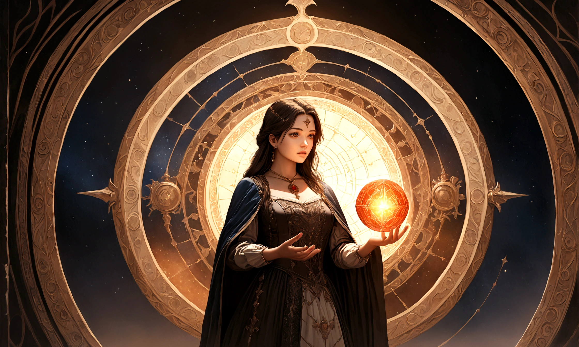 astrologer,female astrologer,glowing magic square,woman astrologer,astrologer reading crystal ball,astrologer studying horoscope chart,astrologer with mystical powers,astrologer in flowing robes,astrologer in starry night sky,astrologer with magical aura,astrologer in renaissance era clothing,detailed face and eyes,expressive face,dramatic lighting,cinematic angle,chiaroscuro lighting,vibrant colors,ethereal atmosphere,detailed textures,intricate ornate details,rich ornate background,fantasy art style,digital painting,cinematic composition,photorealistic,highly detailed,8k,best quality,masterpiece