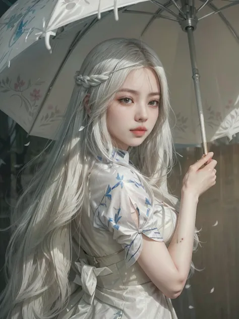 a close up of a woman with long white hair holding an umbrella, artwork in the style of guweiz, guweiz, guweiz masterpiece, guwe...