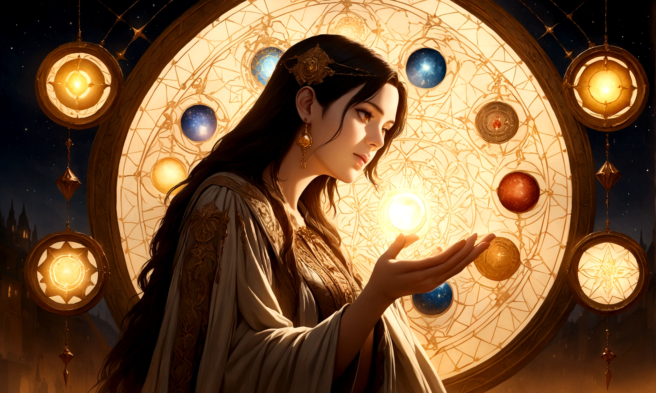 astrologer,female astrologer,glowing magic square,woman astrologer,astrologer reading crystal ball,astrologer studying horoscope chart,astrologer with mystical powers,astrologer in flowing robes,astrologer in starry night sky,astrologer with magical aura,astrologer in renaissance era clothing,detailed face and eyes,expressive face,dramatic lighting,cinematic angle,chiaroscuro lighting,vibrant colors,ethereal atmosphere,detailed textures,intricate ornate details,rich ornate background,fantasy art style,digital painting,cinematic composition,photorealistic,highly detailed,8k,best quality,masterpiece