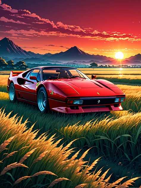 anime landscape of A pearl super sport red pearl classic Ferrari 288GTO sport sits in a field of tall grass with a sunset in the...