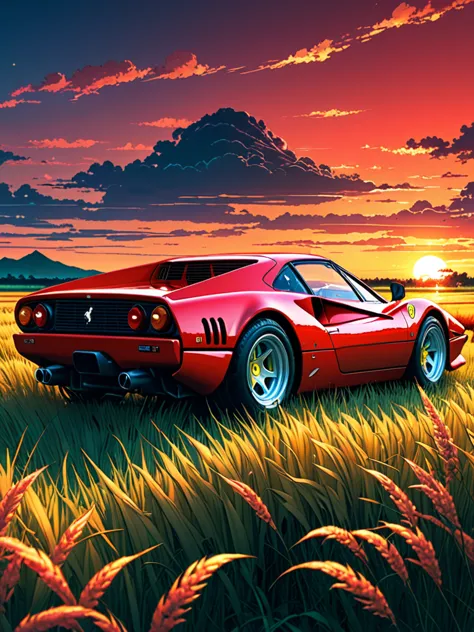 anime landscape of A pearl super sport red pearl classic Ferrari 288GTO sport sits in a field of tall grass with a sunset in the...