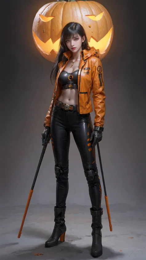 1girl,solo,(realistic:1.2),cyberpunk, cyborg, halloween,  jack-o'-lantern, mechanical_arms, orange_jacket, orange_pants, orange_...