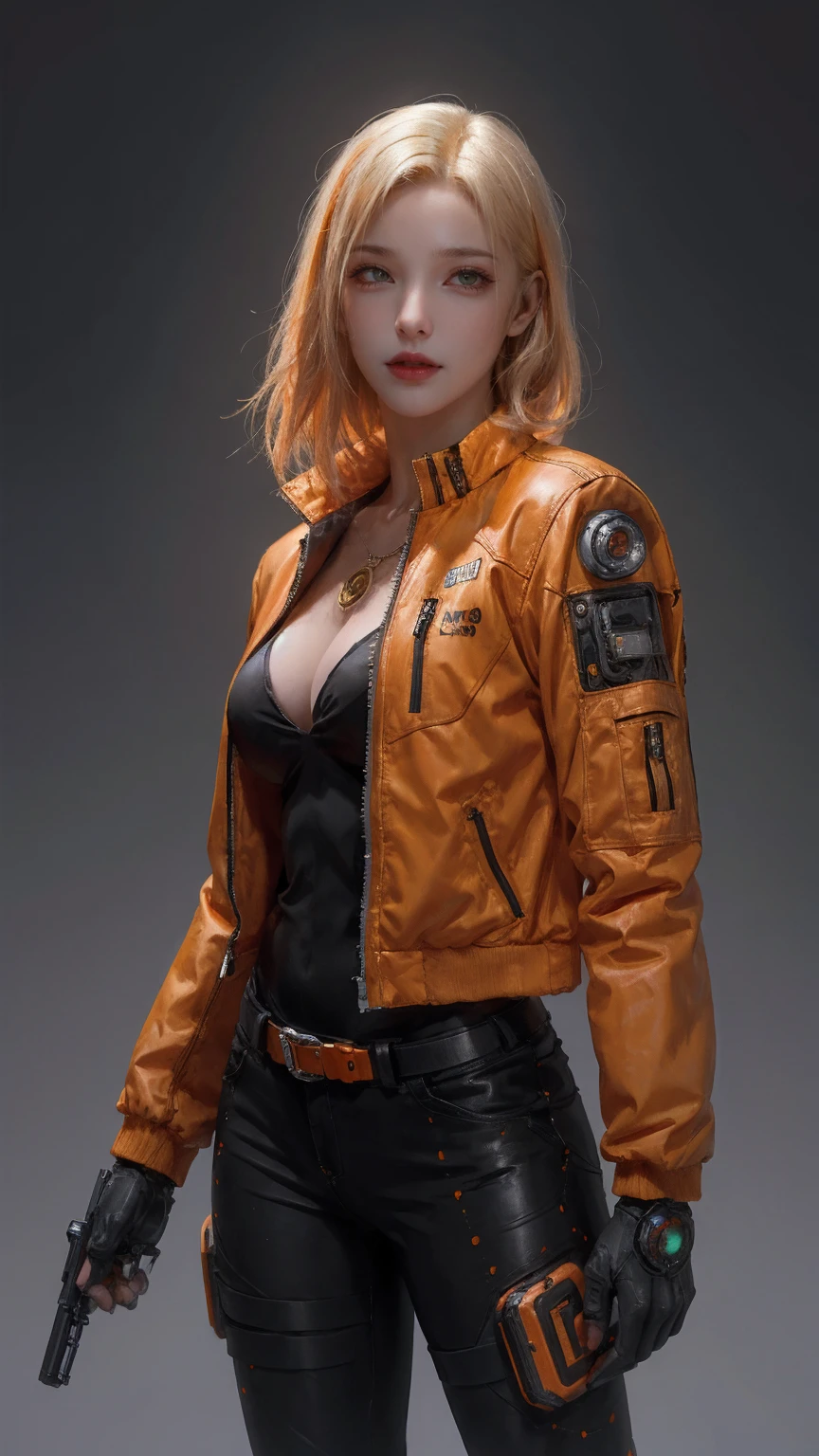 1 Mädchen,Allein,(realistisch:1.2),cyberpunk, cyborg, Halloween,  jack-o'-lantern, mechanisch_Waffen, orange_Jacke, orange_Hose, orange_Hemd, Kürbis, Wissenschaft_Fiktion, einfach_Hintergrund, Handschuhe, Stehen, Jacke, Cowboy_Schuss, urbane Techwear, Outfit