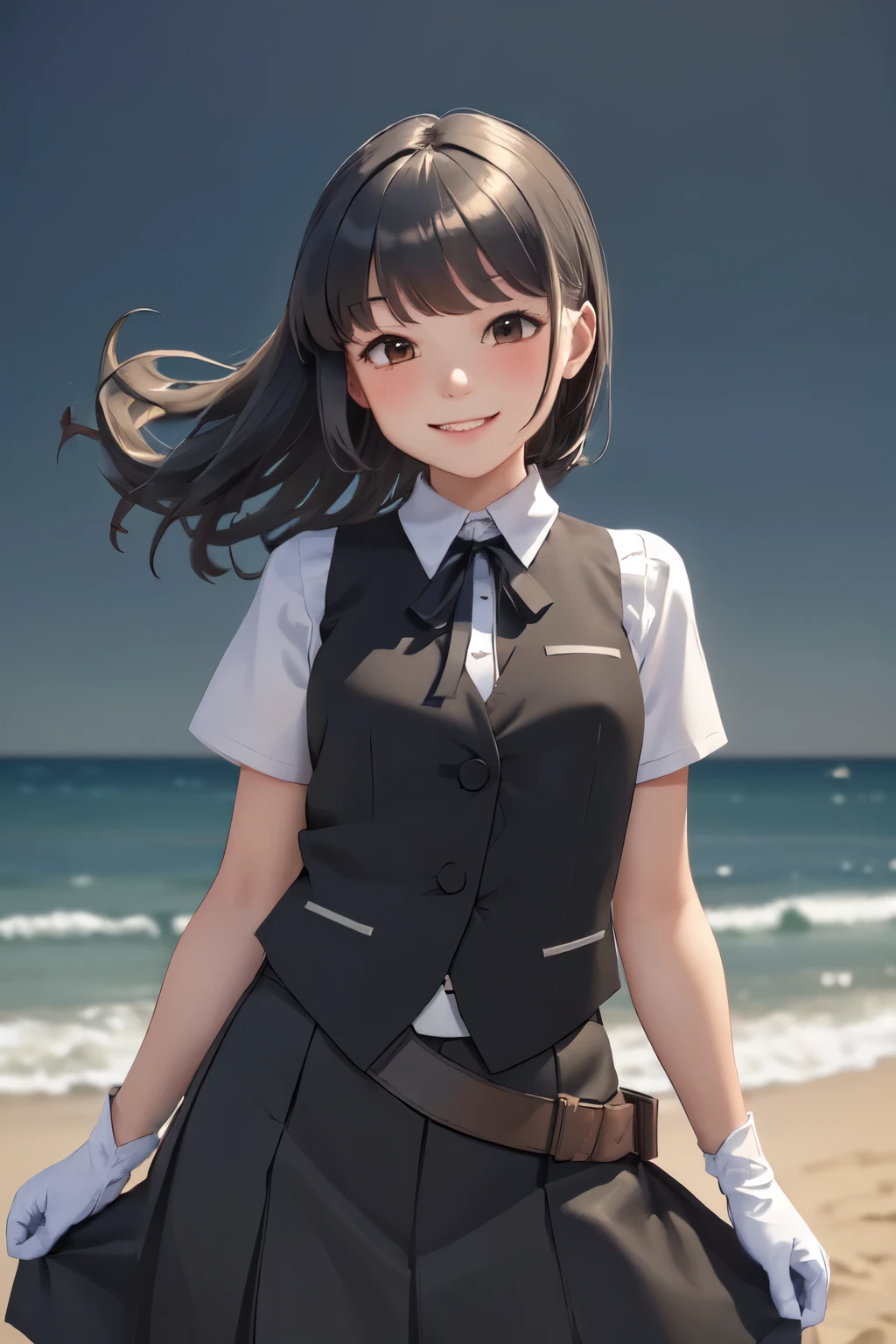 (masterpiece, Highest quality:1.2), Cowboy Shot, alone, One girl, Early tide, smile, View your viewers, Put your arms behind your back,  White shirt, Neck ribbon, Short sleeve, Black vest, Black Skirt, White gloves