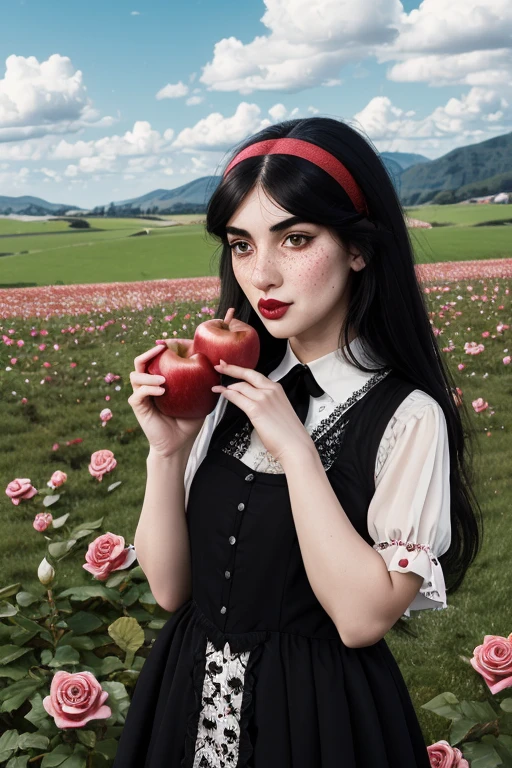 a woman with long flowing black hair, piercing eyes, a prominent unibrow, rosy cheeks, eating a juicy red apple, wearing a Victorian-style vest and lace collar, standing in a lush meadow with a unicorn, (best quality,4k,8k,highres,masterpiece:1.2),ultra-detailed,intricate details, striking colors, dramatic lighting, stallintheunicow, brushy, painterly girl eating apple in field of roses, red, black, white, long black hair, bangs, unibrow, thick eyebrows, freckles, big nose, aquiline nose, hairband, dress, stripes, big ears, girl, rosy cheeks, red lips,stallintheunicow aoife