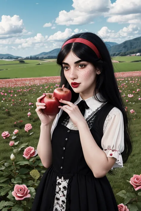 a woman with long flowing black hair, piercing eyes, a prominent unibrow, rosy cheeks, eating a juicy red apple, wearing a Victo...