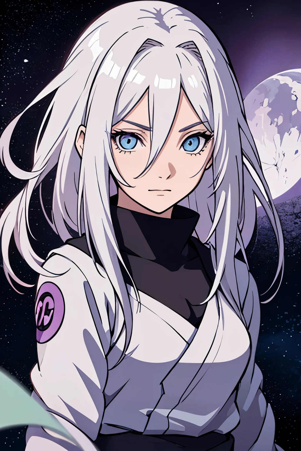 (high-quality, breathtaking),(expressive eyes, perfect face) portrait, Symmetrical Eyes, 1girl, solo, teenager age, short height, white hair, white coloured eyes, byakugan, anime naruto art style, long hair, fluffy hair, feminine face, sky background, moon, open field background, stars, trees, detailed eyes, hyuga, Ōtsutsuki, naruto ninja attire, neutral expression, soft smile, purple and black clothing, white trim, long sleeves, white dress, hair between eyes, bare shoulders, jacket
