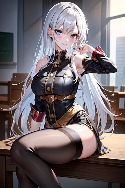 sit on chair，Absolute realm，‎Classroom，Sitting，Crossed legs，Ultra High Resolution, 16k, ((Masterpiece)), ((Best Quality))), ((Ultra Detailed)), (ultra high resolution), 1girl, looking at viewer, (lipstick:0.75), winter, vivid colors, Silver hair, Pale skin, Beautiful detailed face, Detailed eyes, posing on a white background, dynamic lighting, dynamic shadowing, looking at viewer, White stone punk fashion,(Posing for a photo),((White clothes)), (((black thigh highs))), jean shorts, skirt, white sweater, ((Blue eyes)), happy, smiling, black straps, black strap design, ((Long white hair)), energetic, cheerful, cityscape background, (((long black sleeves))), ((long black sleeves)), black sleeves