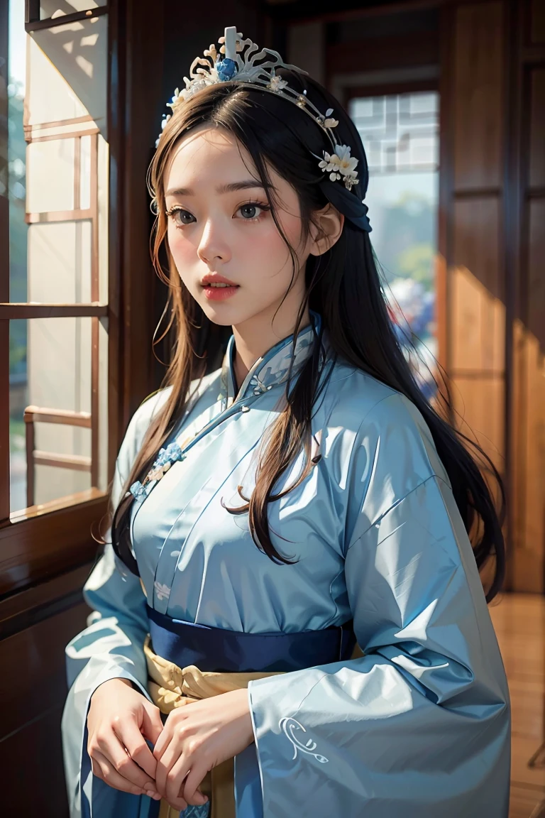 امرأة ترتدي فستانًا أزرق وأبيض مع زهور في شعرها, هانفو, قصر, girl in هانفو, blue هانفو, white هانفو, يرتدي الزي الصيني القديم, ((ملكة الخيال الجميلة)), ancient الاميرة الصينية, نمط صيني, الملابس الصينية التقليدية, الملابس الصينية القديمة, ملكة الخيال الجميلة, الاميرة الصينية, الجمال التقليدي,