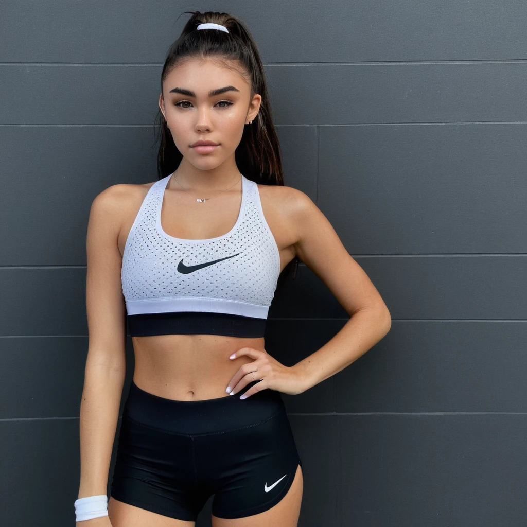 (Skin Texture, pores, natural,iPhone,RAW) full body, photo of a madison beer wearing a headband, nike white sports bra, black nike pro shorts, navel, glossy wet lips, Nikon Z9, realistic matte skin, skin texture visible, (sharp focus), (high quality),    