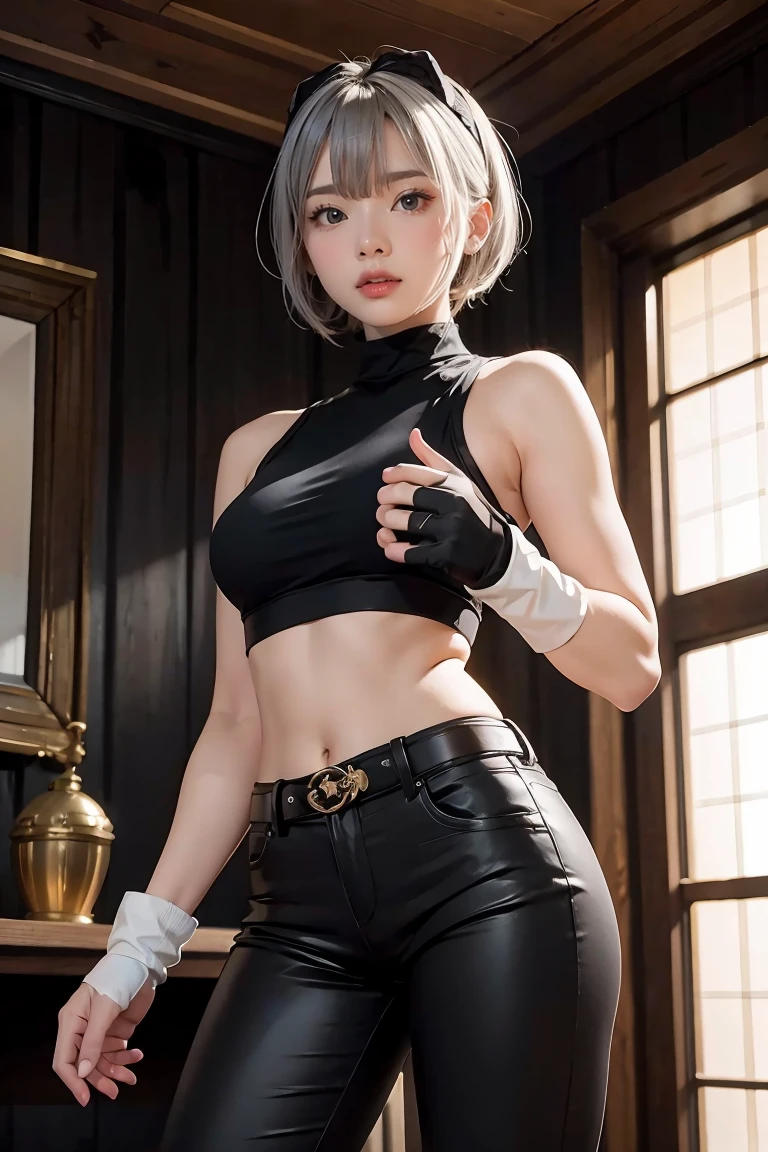 masterpiece, best quality,alhaitham(genshin impact), 1girl, female focus, shirt, solo, gloves, sleeveless shirt, grey hair, green eyes, sleeveless, ahoge, black shirt, bangs, hair over one eye, black gloves, indoors, sanctuary, fingerless gloves, black pants, pants, swept bangs, boots, bare shoulders, short hair, elbow gloves,(kbxll:0.6), open hands, muscles