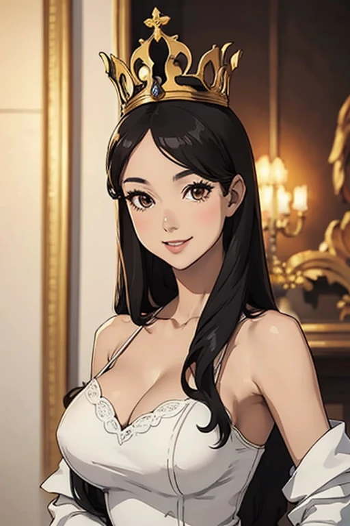 pretty face, woman, black long hair, Brown eyes, curvy body, white dress, smiling, masterpiece, crown, golden details, princess, tall