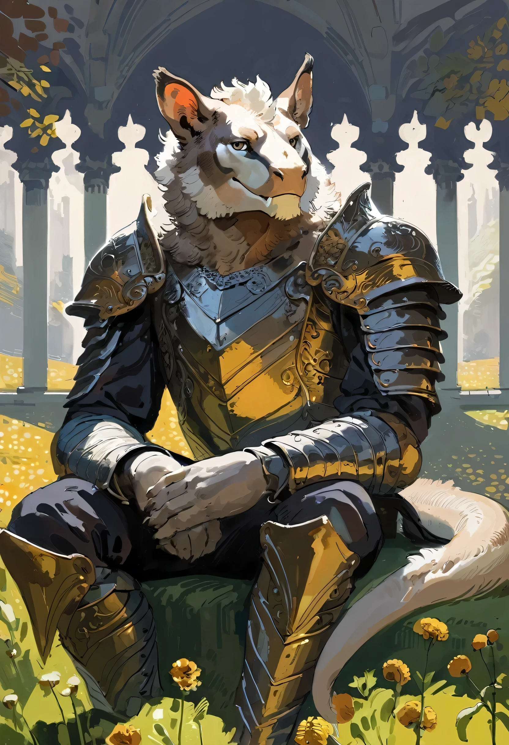 solo, male, anthro, (Felkin), by seyorrol, digital artwork, ((intricate field background)), (powerful silhouette, mysterious shadows:1.2), realistic shading, ((perfect hands, (perfect fingers))), (epic, masterpiece, high quality, 8k, ultra HD, absurd res, top quality, best quality, max quality, masterpiece), ((sexy, (masculine body))), (tail), ((fur)), sitting, smug expression, (((half body))), (((detailed eyes, looking at viewer))), (suit of medieval armor),